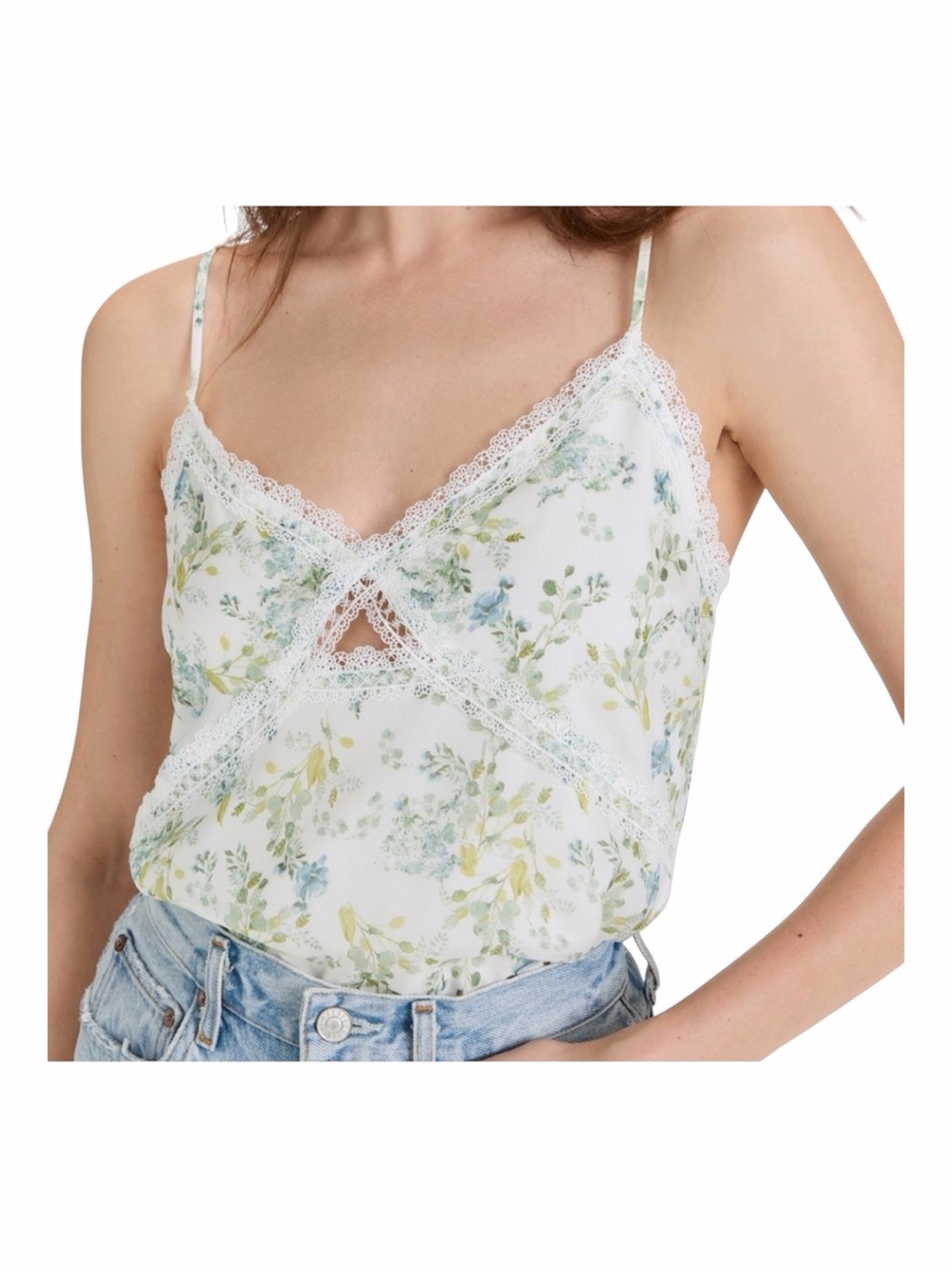 Cami NYC Rochella Lace Trim Floral Silk Cami in Color: Eucalyptus. Size Medium.